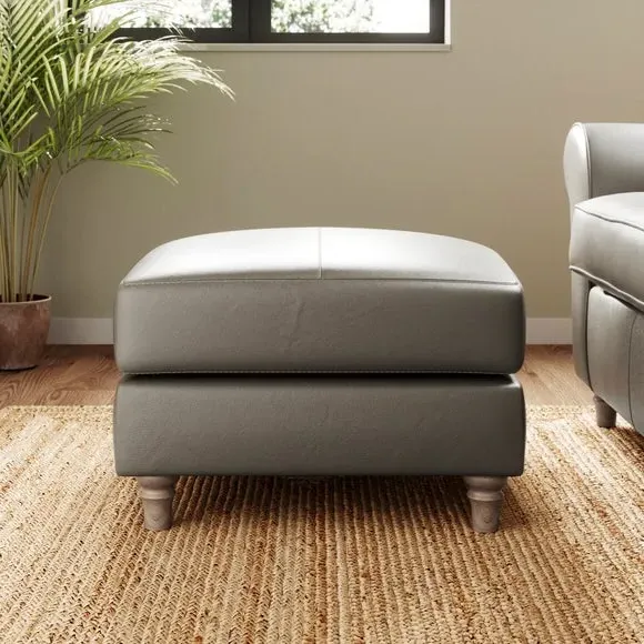 Leather Footstool with Piped Edge - Grey