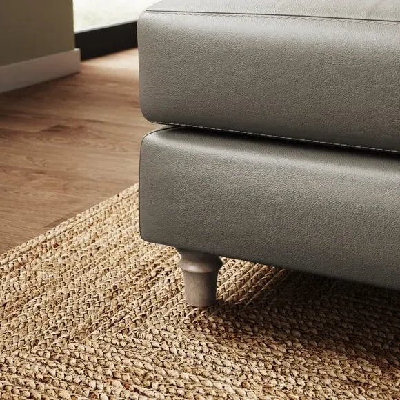Leather Footstool with Piped Edge - Grey