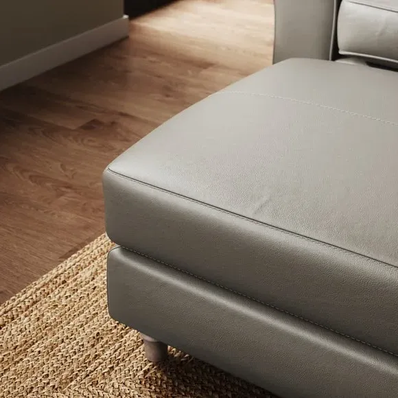 Leather Footstool with Piped Edge - Grey