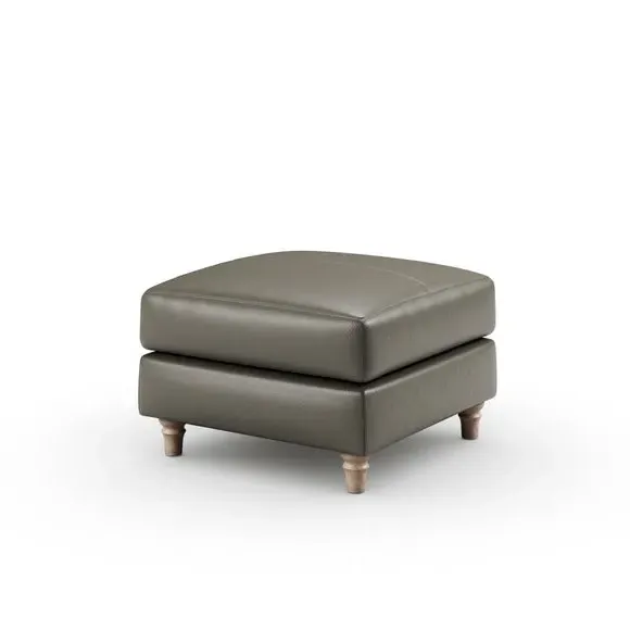 Leather Footstool with Piped Edge - Grey