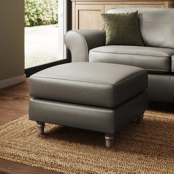 Leather Footstool with Piped Edge - Grey image