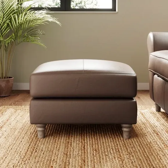 Leather Footstool with Piped Edge - Mocha