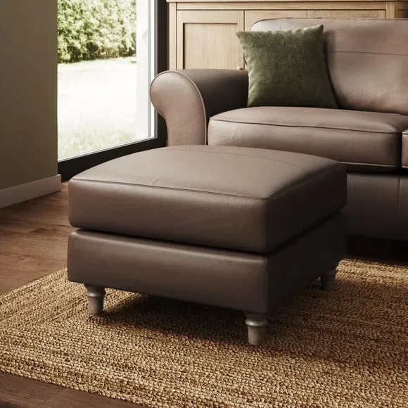 Leather Footstool with Piped Edge - Mocha