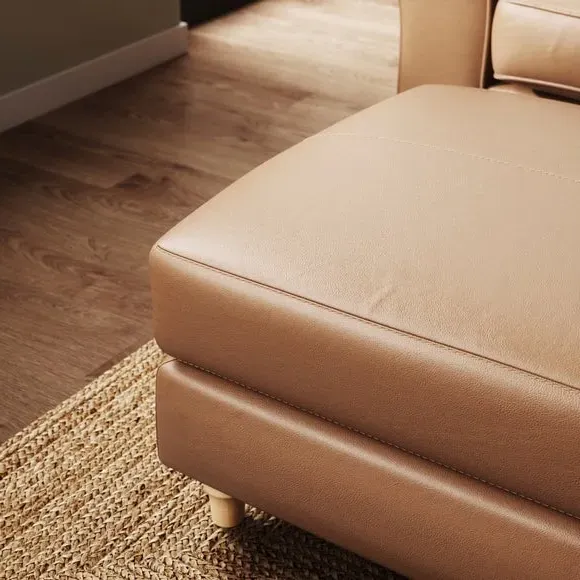 Leather Footstool with Piped Edge - Tan