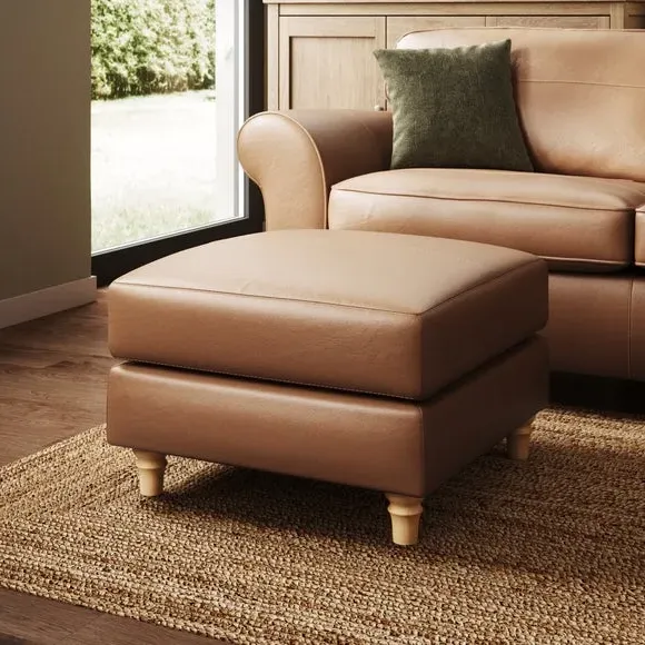 Leather Footstool with Piped Edge - Tan
