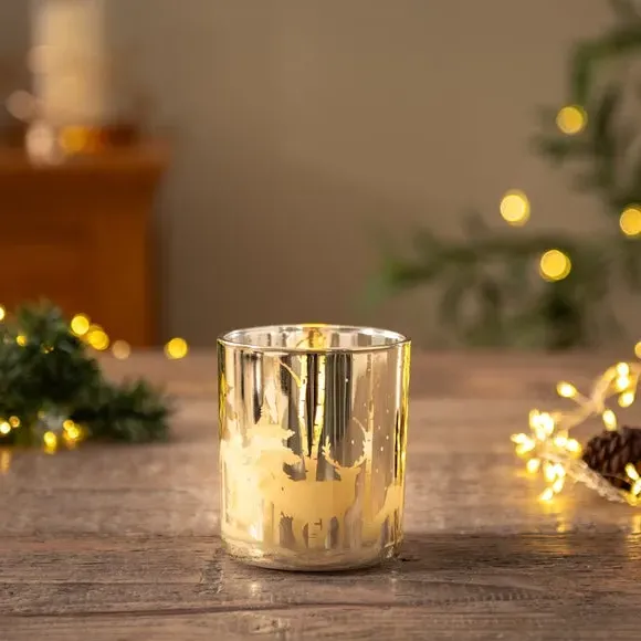 LED Candle with Woodland Scene - Gold, Wax