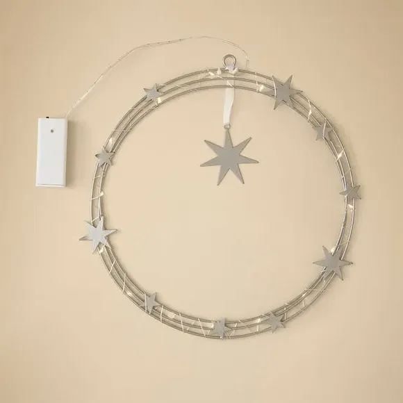 LED Star Wreath with Timer - Silver, Metal