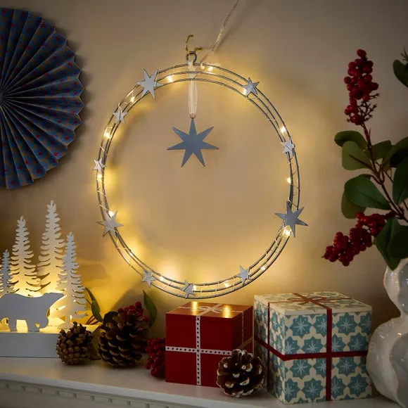 LED Star Wreath with Timer - Silver, Metal image