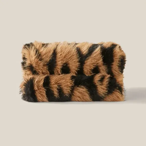 Leopard Print Throw Blanket - Natural, Faux Fur