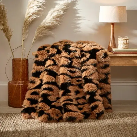 Leopard Print Throw Blanket - Natural, Faux Fur