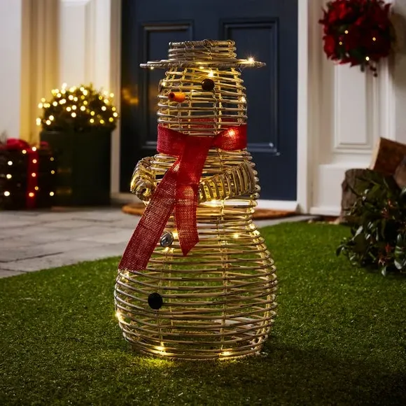 Light Up Snowman Decoration - Grey, Rattan