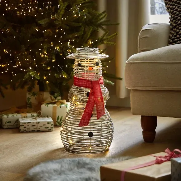 Light Up Snowman Decoration - Grey, Rattan image