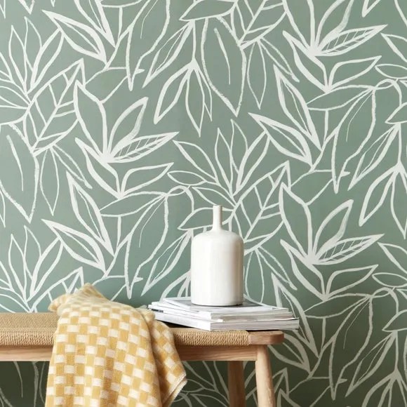 Linear Leaf Wallpaper - Lilypad, Matte Ink