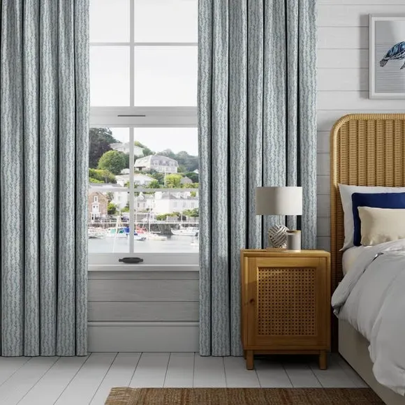 Made to Measure Curtains with Leaf Print - Blue, Cotton