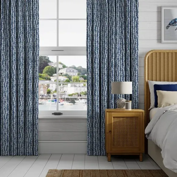 Made to Measure Curtains with Leaf Print - Indigo, Cotton