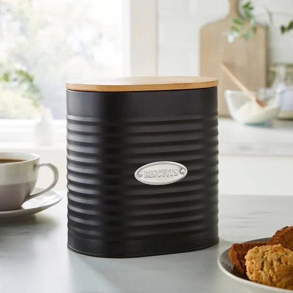 Metal Biscuit Canister with Badge - Black, Steel image