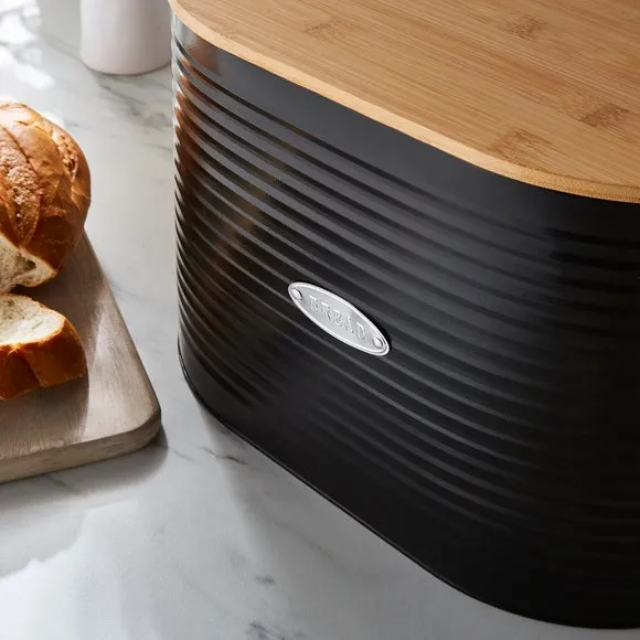 Metal Bread Bin with Badge - Black, Steel