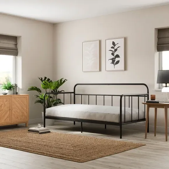Metal Day Bed Frame with Slats - Black