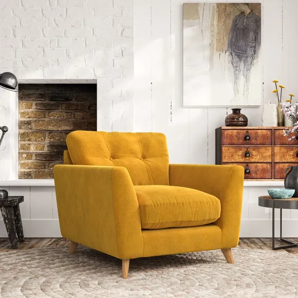 Mid-Century Armchair with Button Details - Gold
