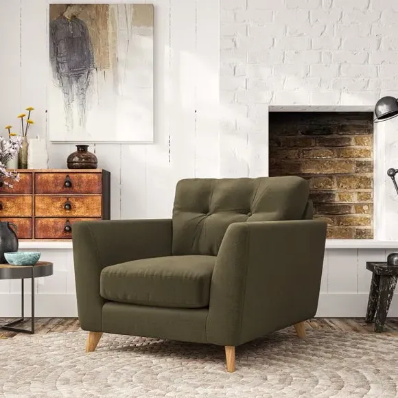Mid-Century Armchair with Button Details - Olive