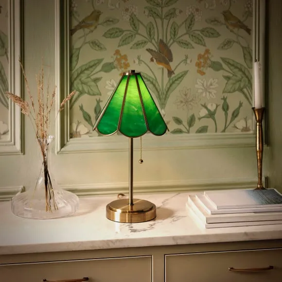 Mid Century Table Lamp with Pull Chain - Green, Glass