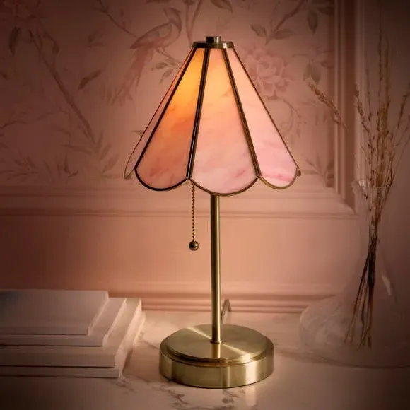 Mid Century Table Lamp with Pull Chain - Pink, Glass