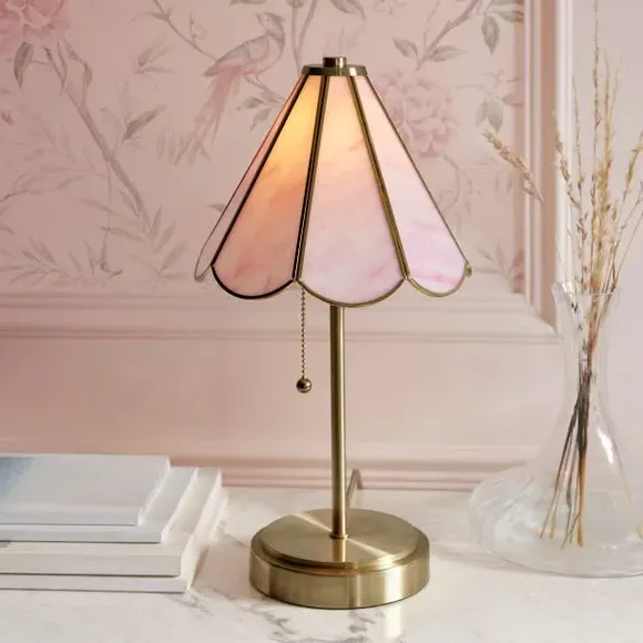 Mid Century Table Lamp with Pull Chain - Pink, Glass