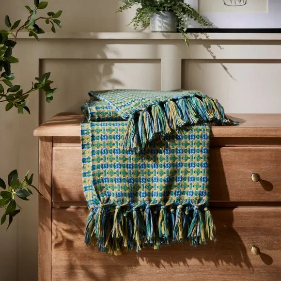 Mini Plaid Throw Blanket with Tassels - Blue image