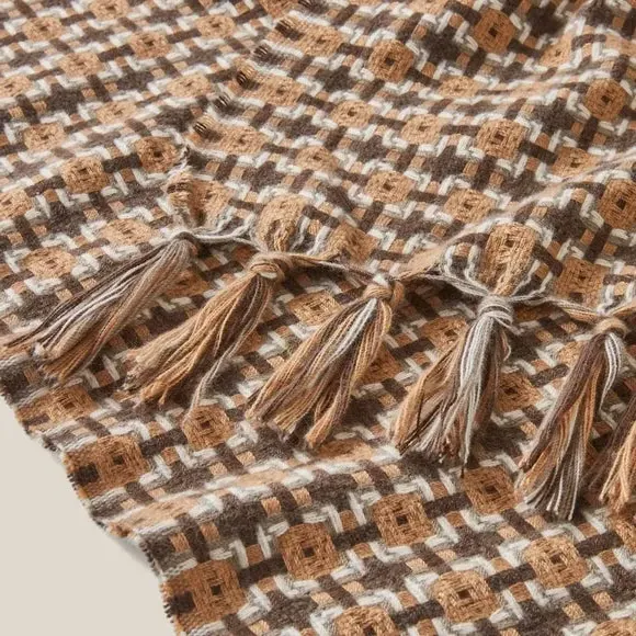 Mini Plaid Throw Blanket with Tassels - Brown