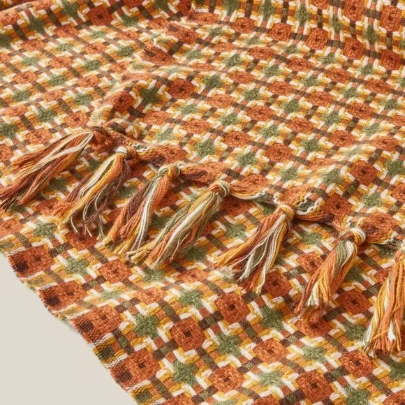 Mini Plaid Throw Blanket with Tassels - Orange