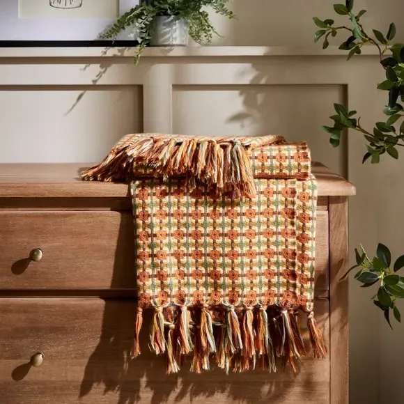 Mini Plaid Throw Blanket with Tassels - Orange