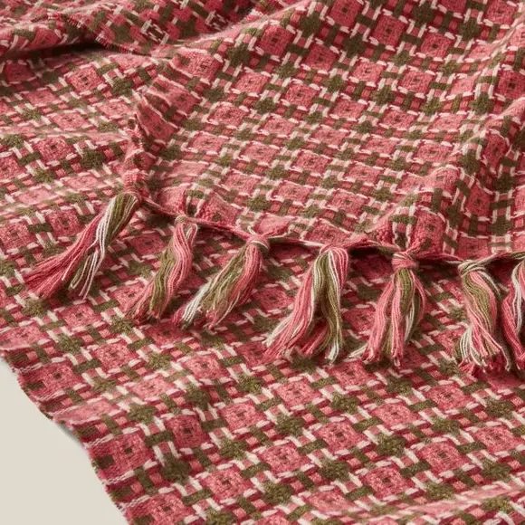 Mini Plaid Throw Blanket with Tassels - Pink
