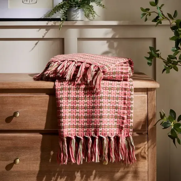 Mini Plaid Throw Blanket with Tassels - Pink
