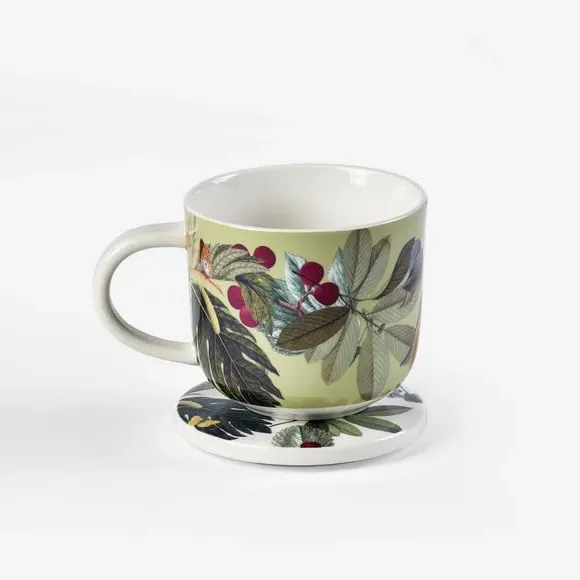 Mug & Coaster Set with Floral Design - White