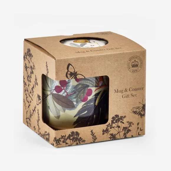 Mug & Coaster Set with Floral Design - White