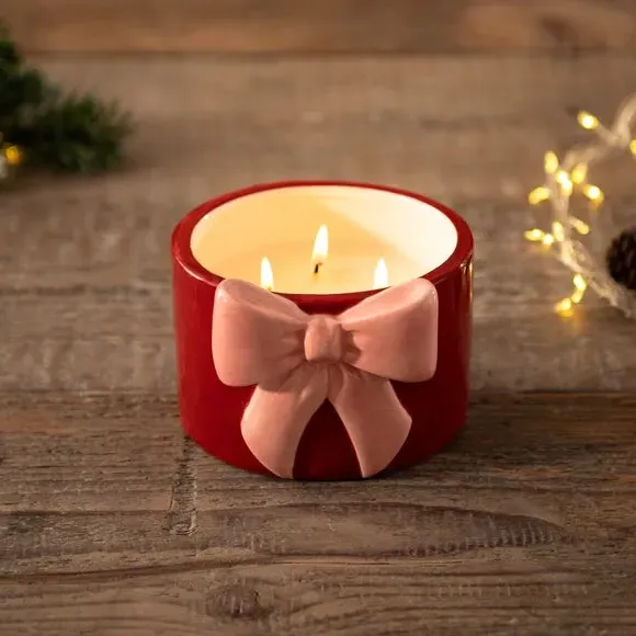 Multi Wick Candle with Bow - Red, Ceramic