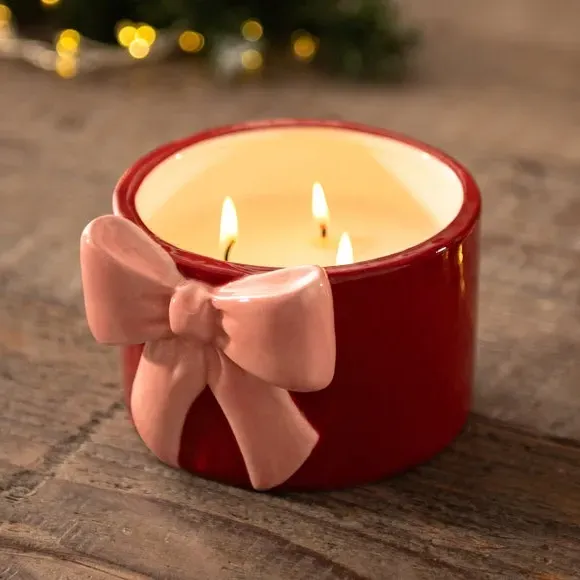 Multi Wick Candle with Bow - Red, Ceramic
