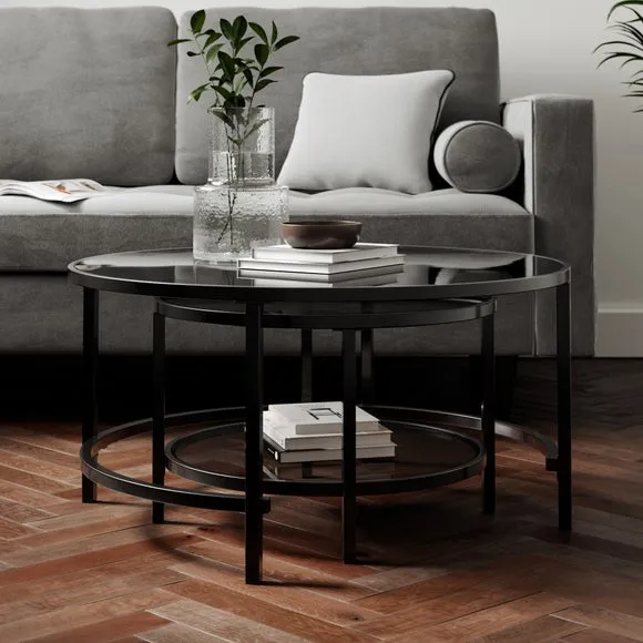 Nest Coffee Tables with Glass Tops - Black, Metal