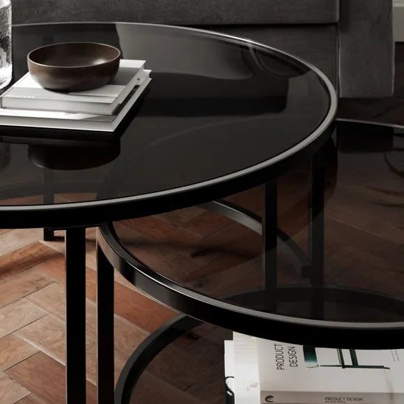 Nest Coffee Tables with Glass Tops - Black, Metal