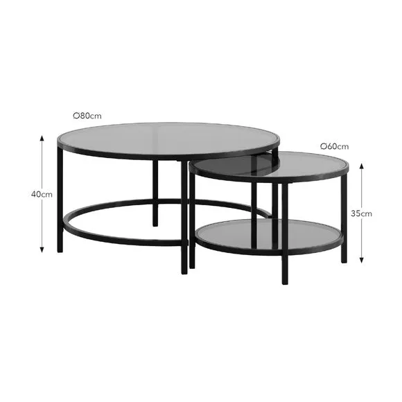 Nest Coffee Tables with Glass Tops - Black, Metal