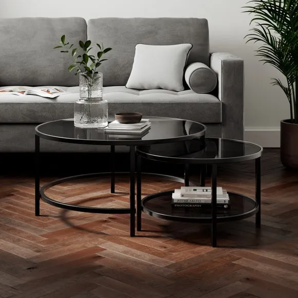 Nest Coffee Tables with Glass Tops - Black, Metal image