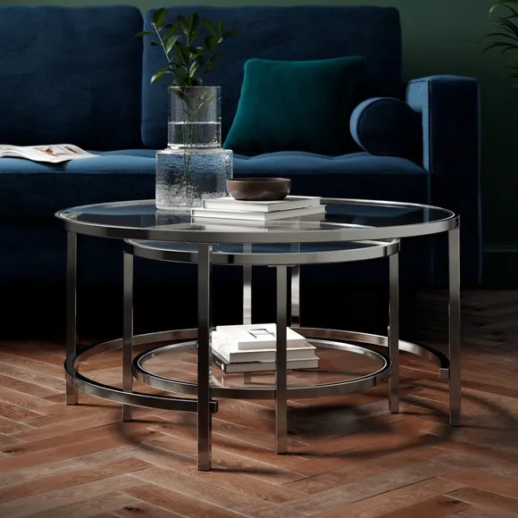 Nest Coffee Tables with Glass Tops - Silver, Metal