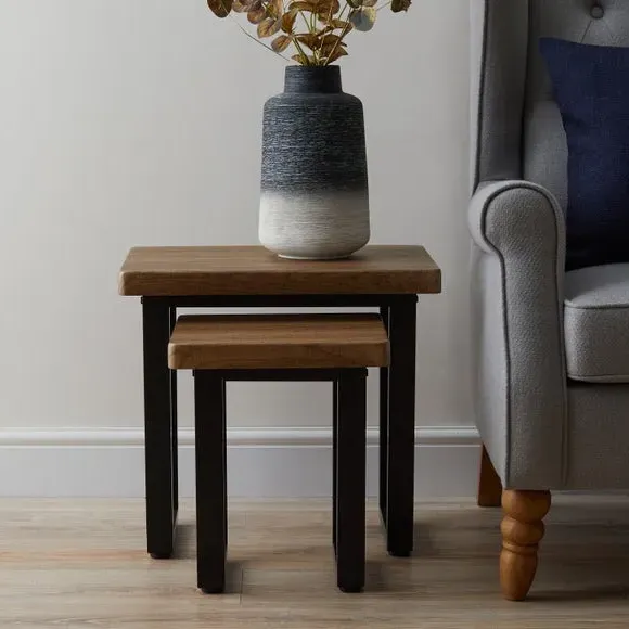 Nest of Tables Set - Rustic Oak, Metal Frame image