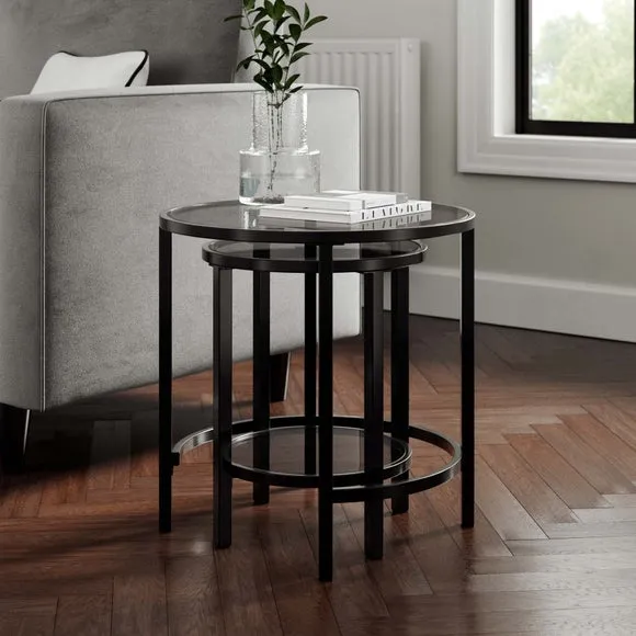 Nest of Tables with Glass Tops - Black, Metal