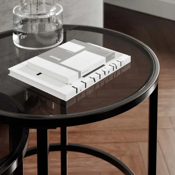 Nest of Tables with Glass Tops - Black, Metal