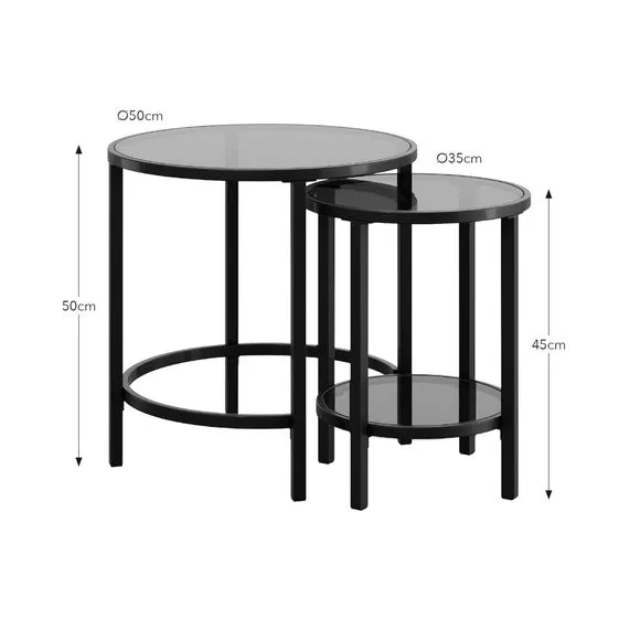 Nest of Tables with Glass Tops - Black, Metal