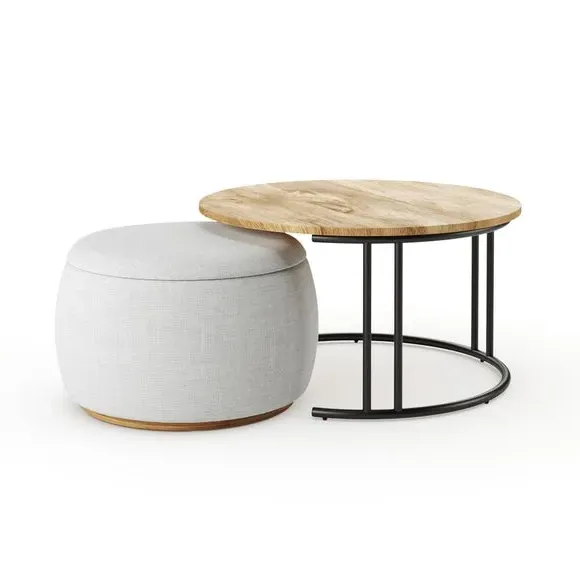 Nesting Coffee Table with Pouffe - Medium Wood