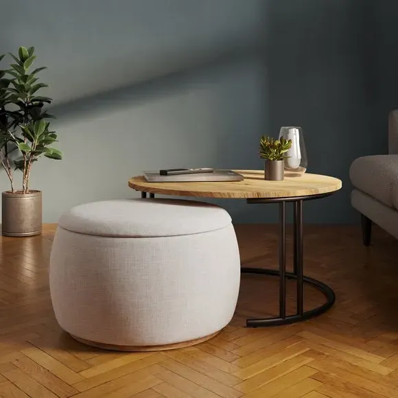 Nesting Coffee Table with Pouffe - Medium Wood image