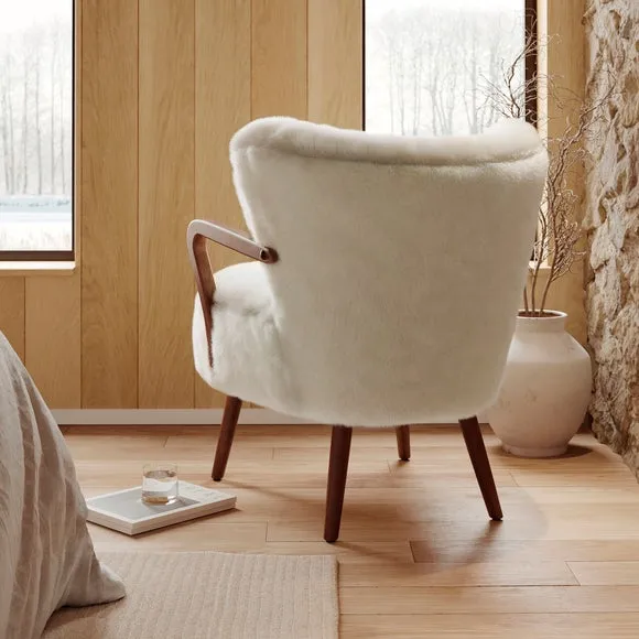 Occasional Chair with Wooden Arms - Natural, Faux Fur