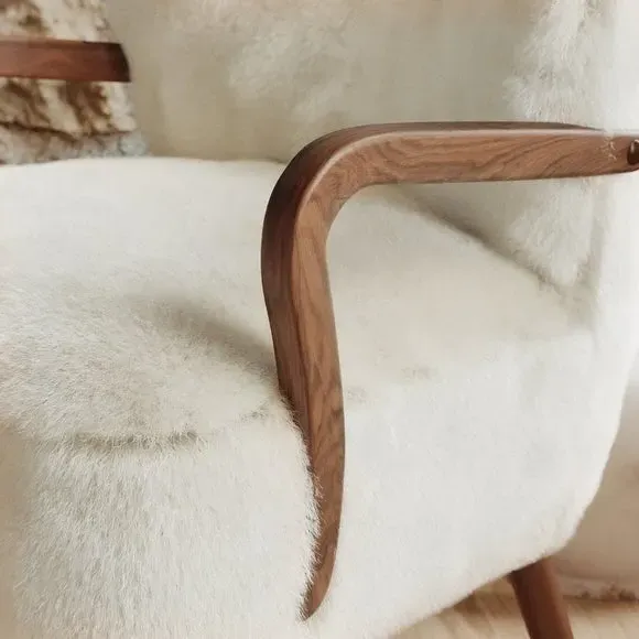 Occasional Chair with Wooden Arms - Natural, Faux Fur